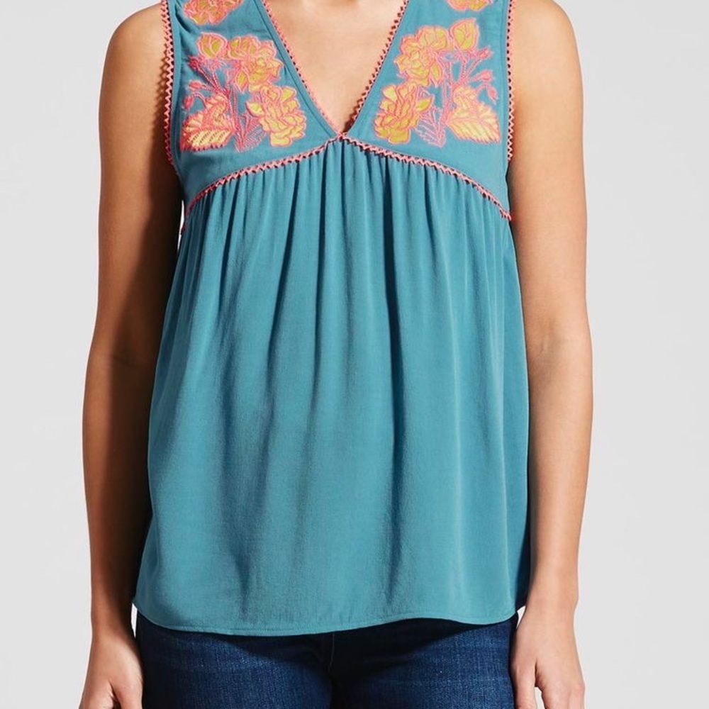 Falmer Heritage| teal embroidered v neck top size 10